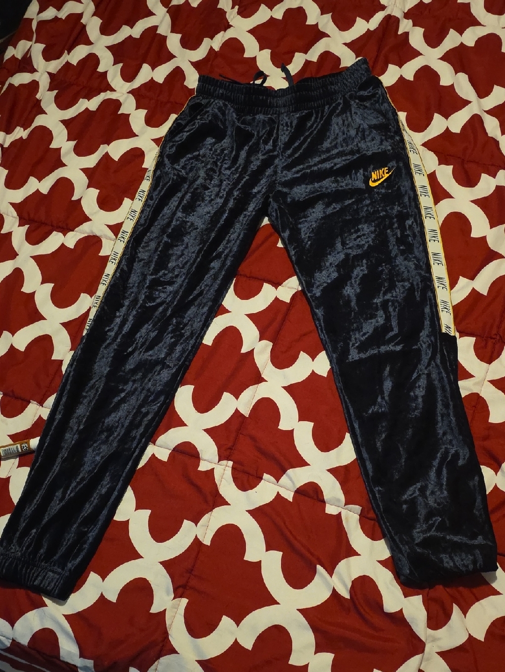 Nike Kids Navy Velour Joggers with Yellow Logo Tape